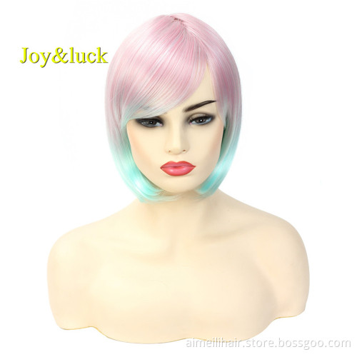 Half Black Half White Party Wig for Women With Bangs wholesale Natural Straight Short Bob Cut Wig Cosplay Synthetic Hair Wig